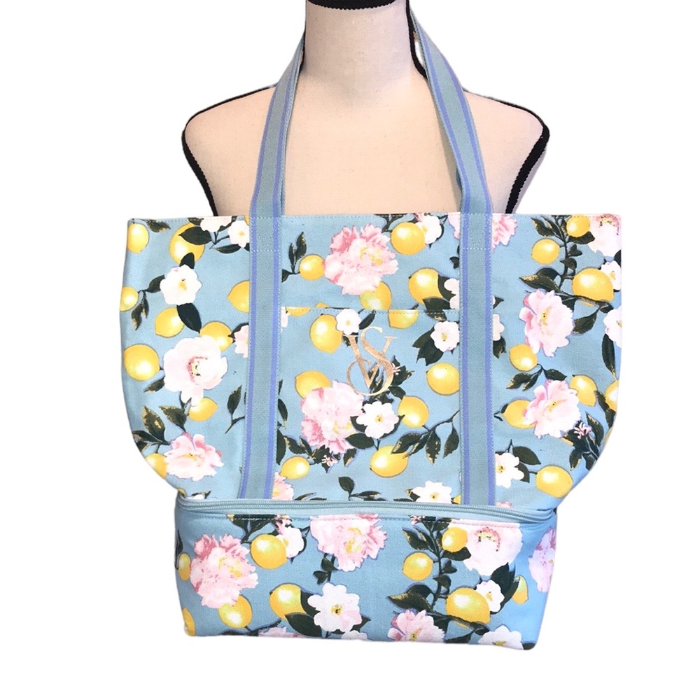Victorias Secret Large Floral Tote Cooler Bag Beach Bag Top Handle Straps Blue